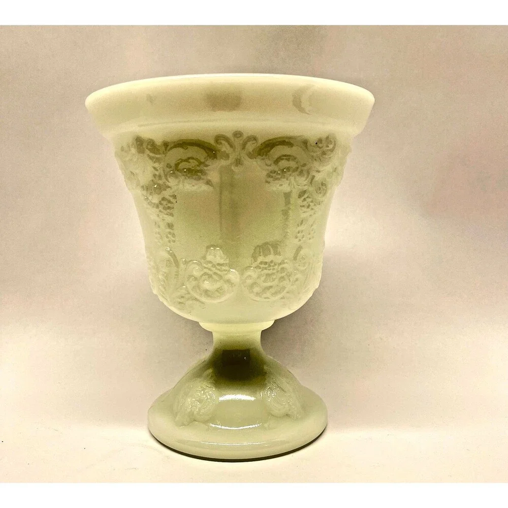 Vintage E.O. Brody M4300 Milk Glass Pedestal Vase Planter 7” Grape Scroll USA